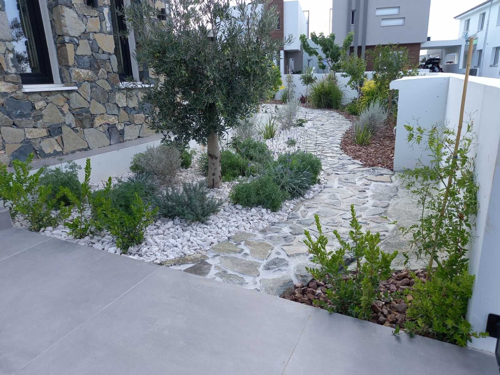 Bespoke garden pathway with premium stone work and curated planting in Cyprus